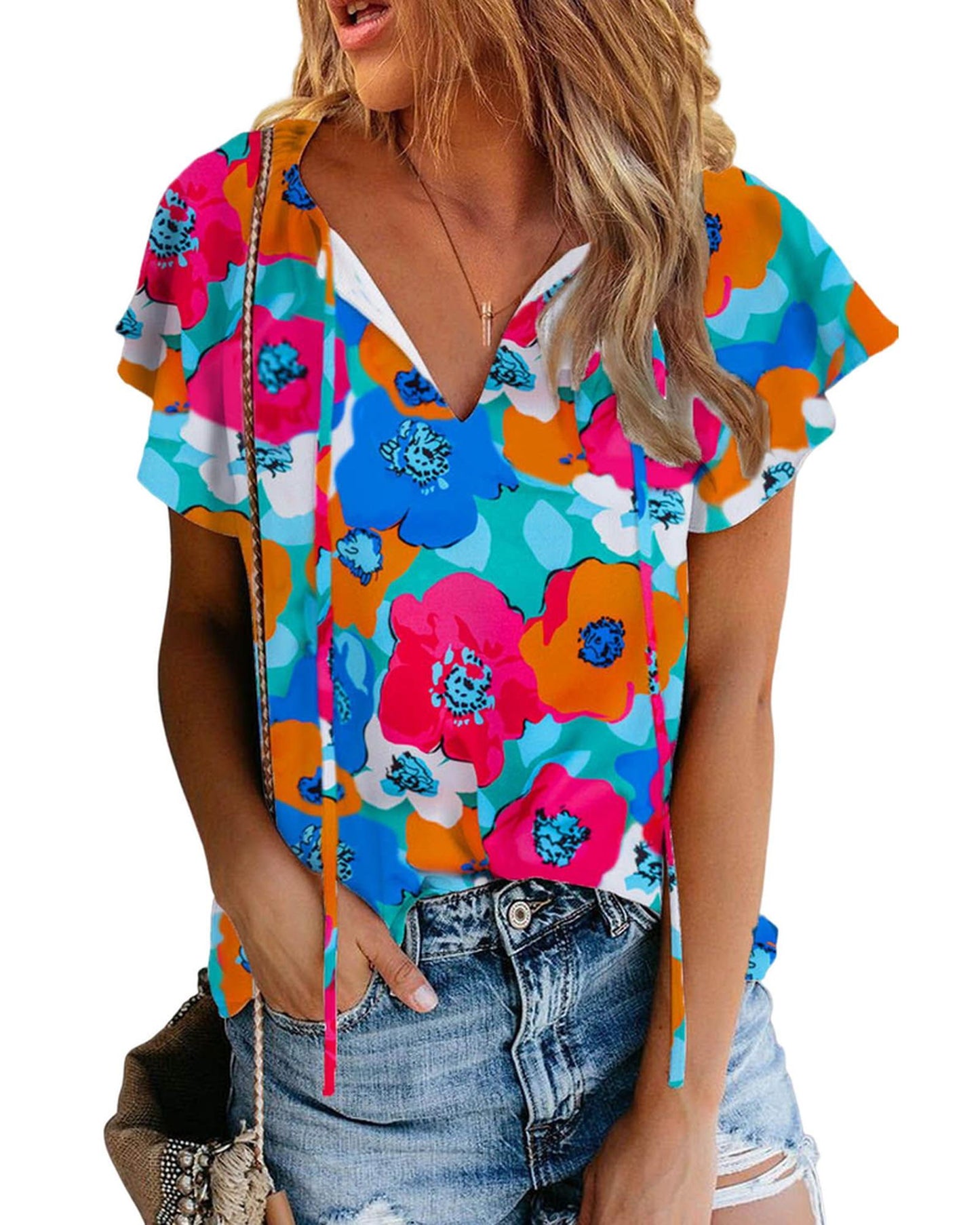 Azura Exchange Floral Print Drawstring V Neck Short Sleeve Blouse - M