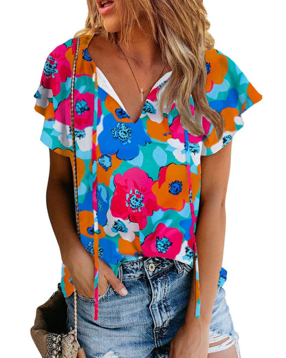 Azura Exchange Floral Print Drawstring V Neck Short Sleeve Blouse - M