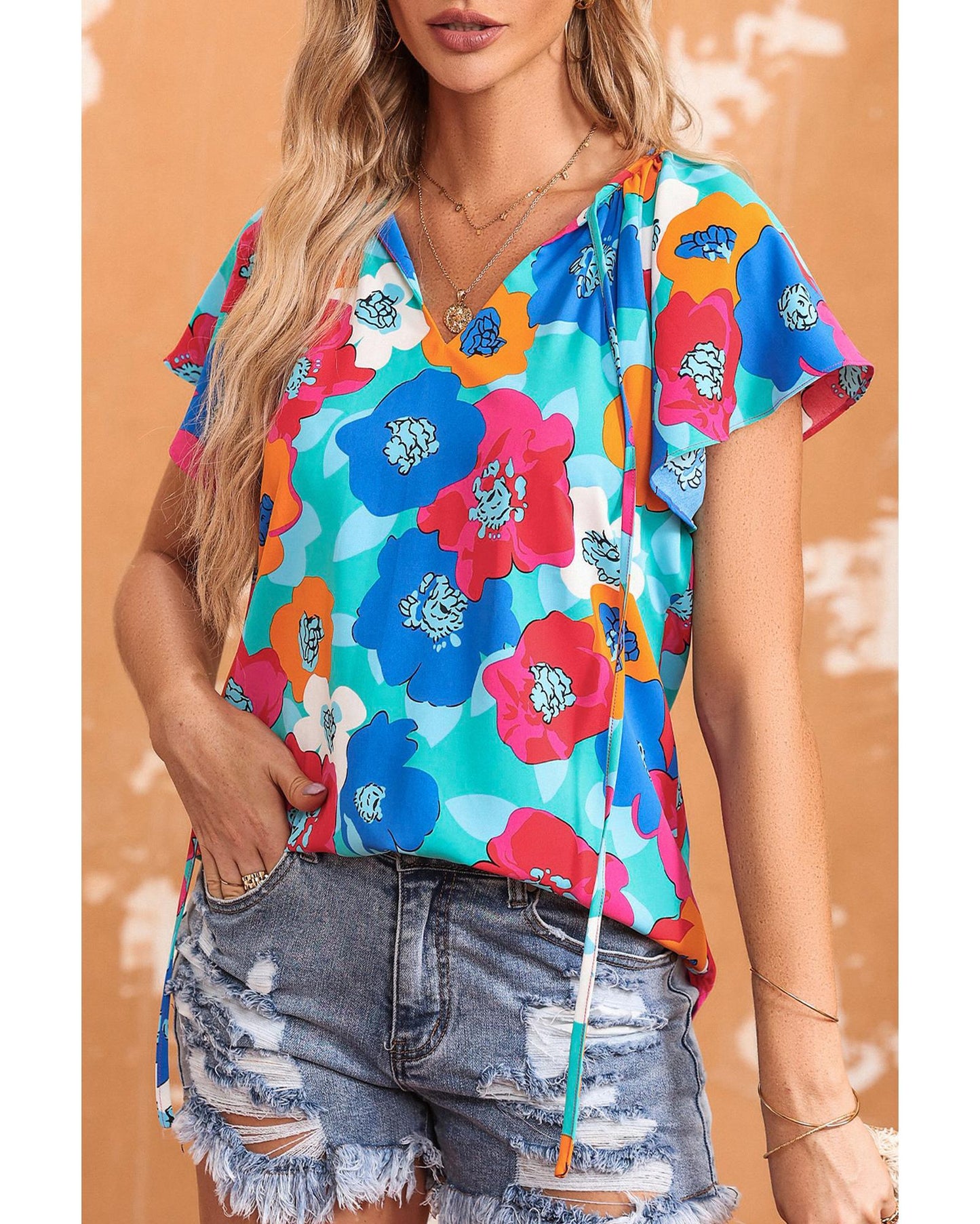 Azura Exchange Floral Print Drawstring V Neck Short Sleeve Blouse - M