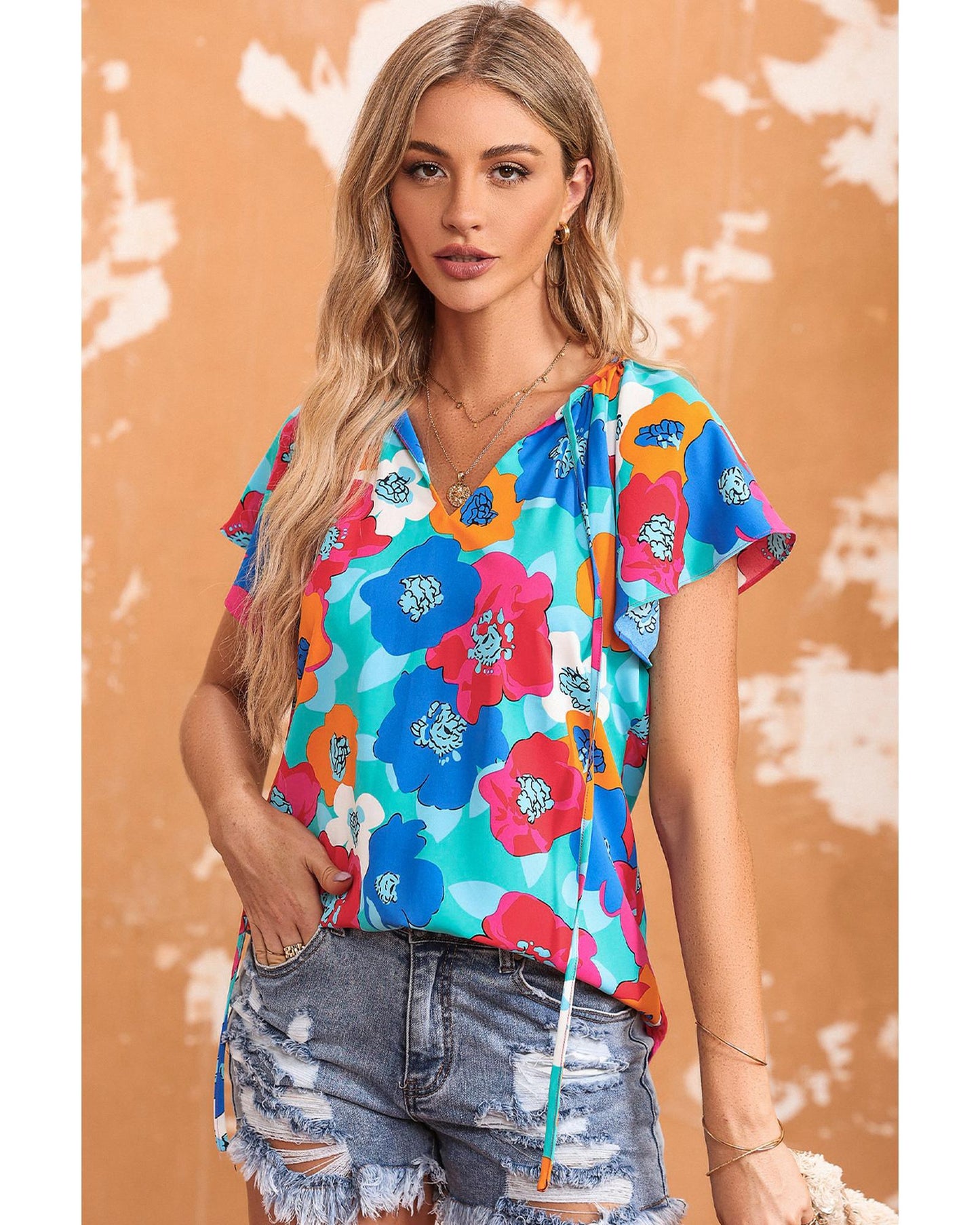 Azura Exchange Floral Print Drawstring V Neck Short Sleeve Blouse - M