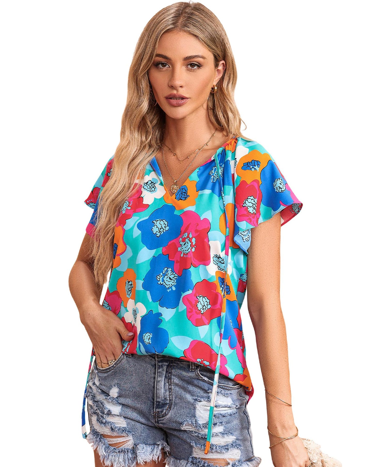 Azura Exchange Floral Print Drawstring V Neck Short Sleeve Blouse - M