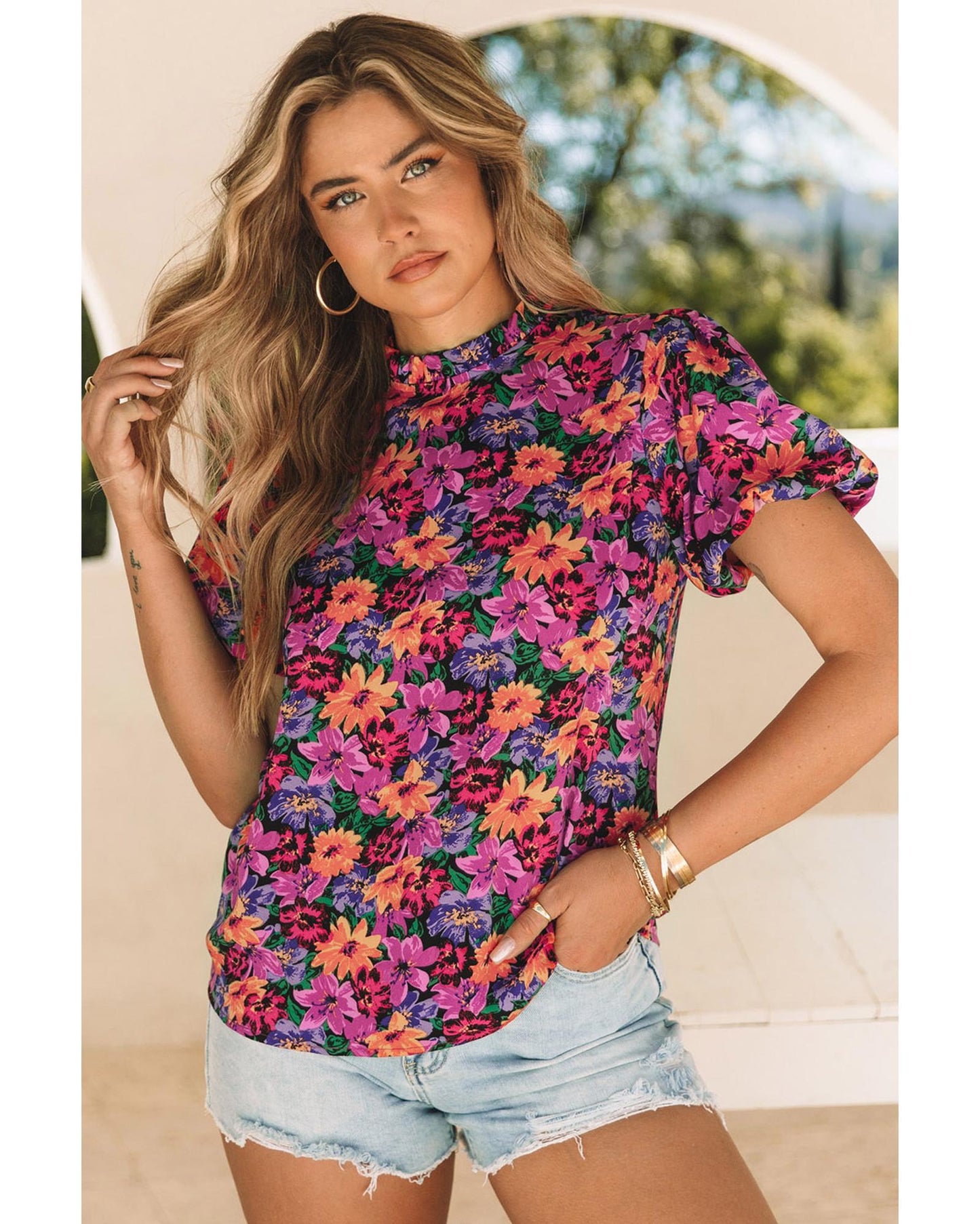 Azura Exchange Floral Print Puff Sleeve Blouse - M