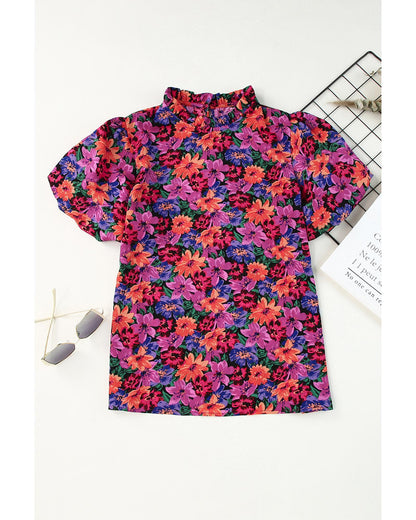 Azura Exchange Floral Print Puff Sleeve Blouse - M