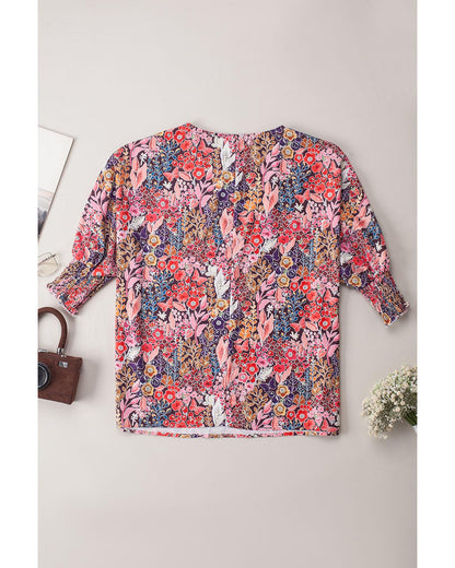 Azura Exchange Floral Print Shirred Sleeve Tunic Blouse - L