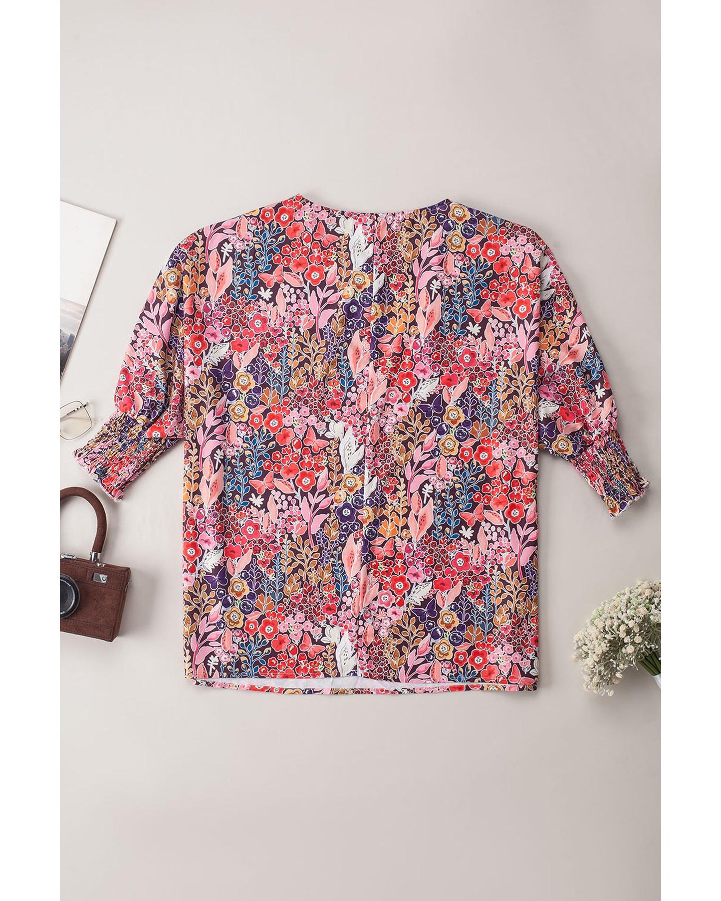 Azura Exchange Floral Print Shirred Sleeve Tunic Blouse - M