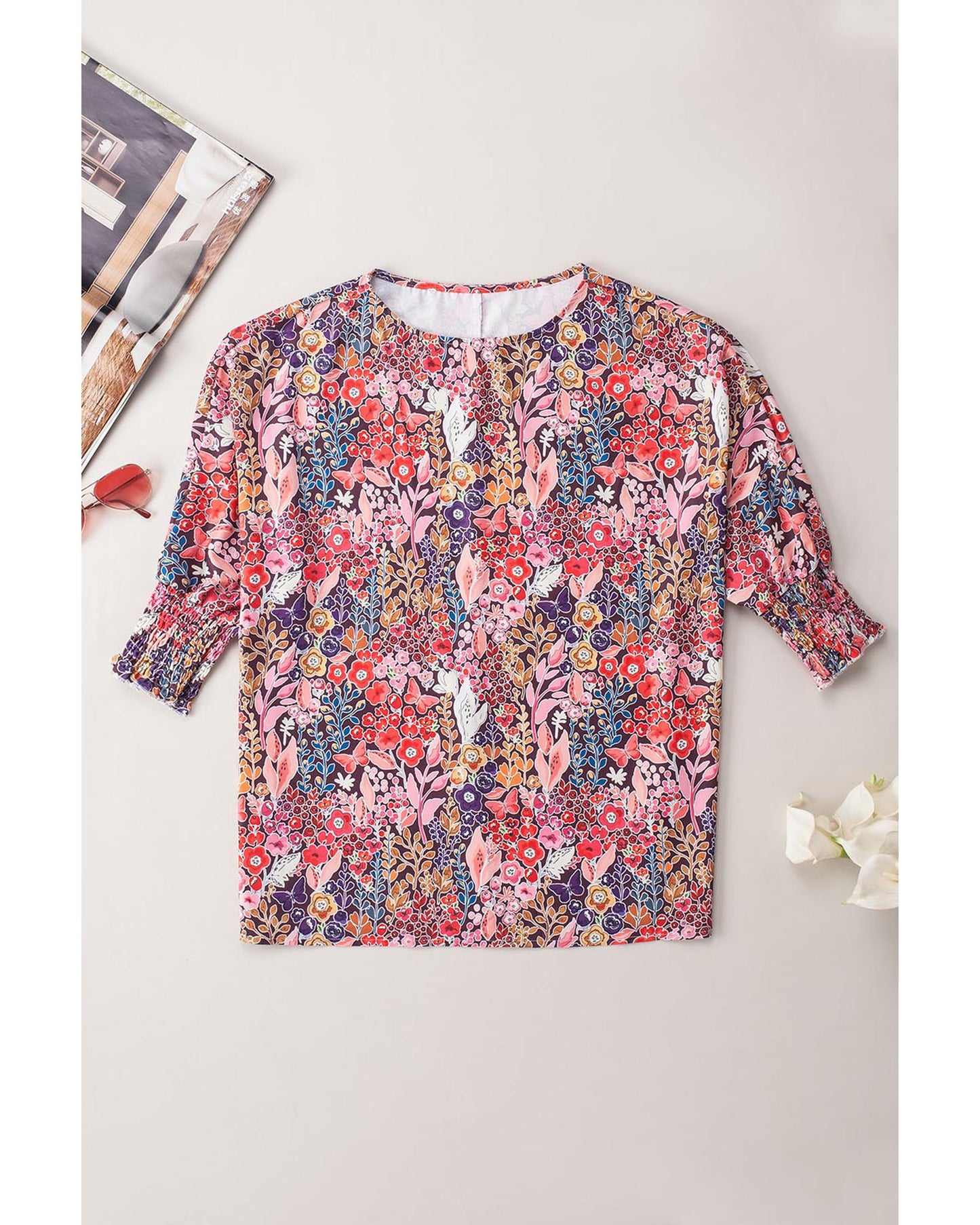 Azura Exchange Floral Print Shirred Sleeve Tunic Blouse - S