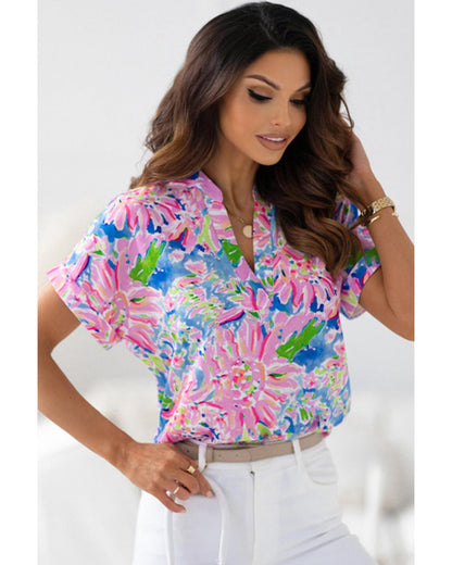 Azura Exchange Abstract Floral Print Notch V Neck Blouse - S