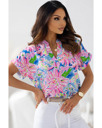 Azura Exchange Abstract Floral Print Notch V Neck Blouse - S