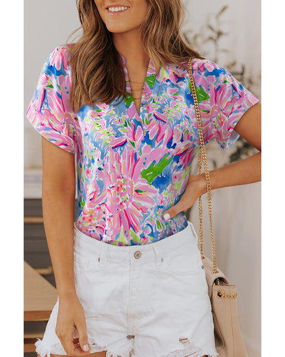 Azura Exchange Abstract Floral Print Notch V Neck Blouse - S