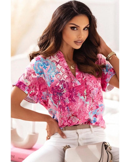 Azura Exchange Abstract Floral Print Notch V Neck Blouse - L