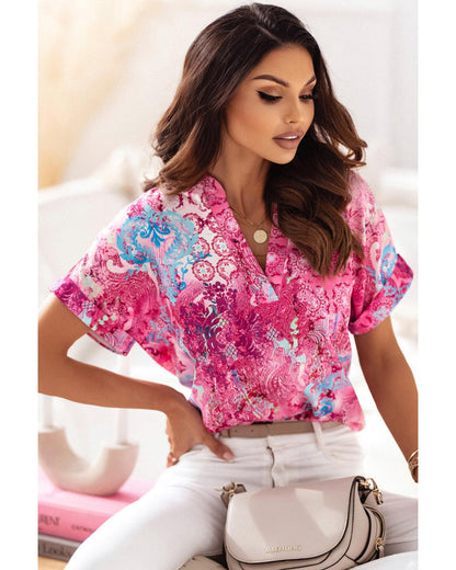 Azura Exchange Abstract Floral Print Notch V Neck Blouse - S