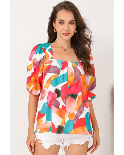 Azura Exchange Abstract Print Square Neck Short Sleeve Blouse - L