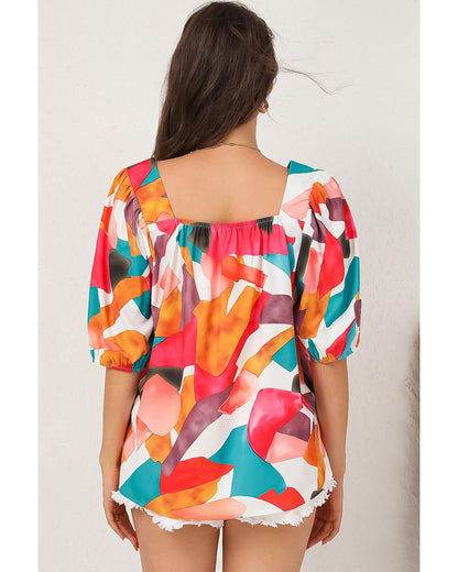 Azura Exchange Abstract Print Square Neck Short Sleeve Blouse - L