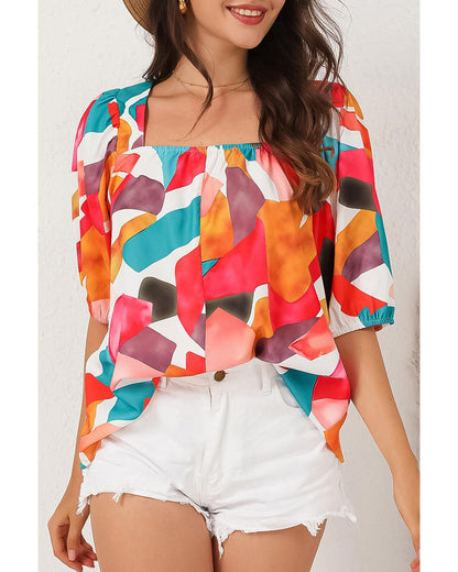 Azura Exchange Abstract Print Square Neck Short Sleeve Blouse - M