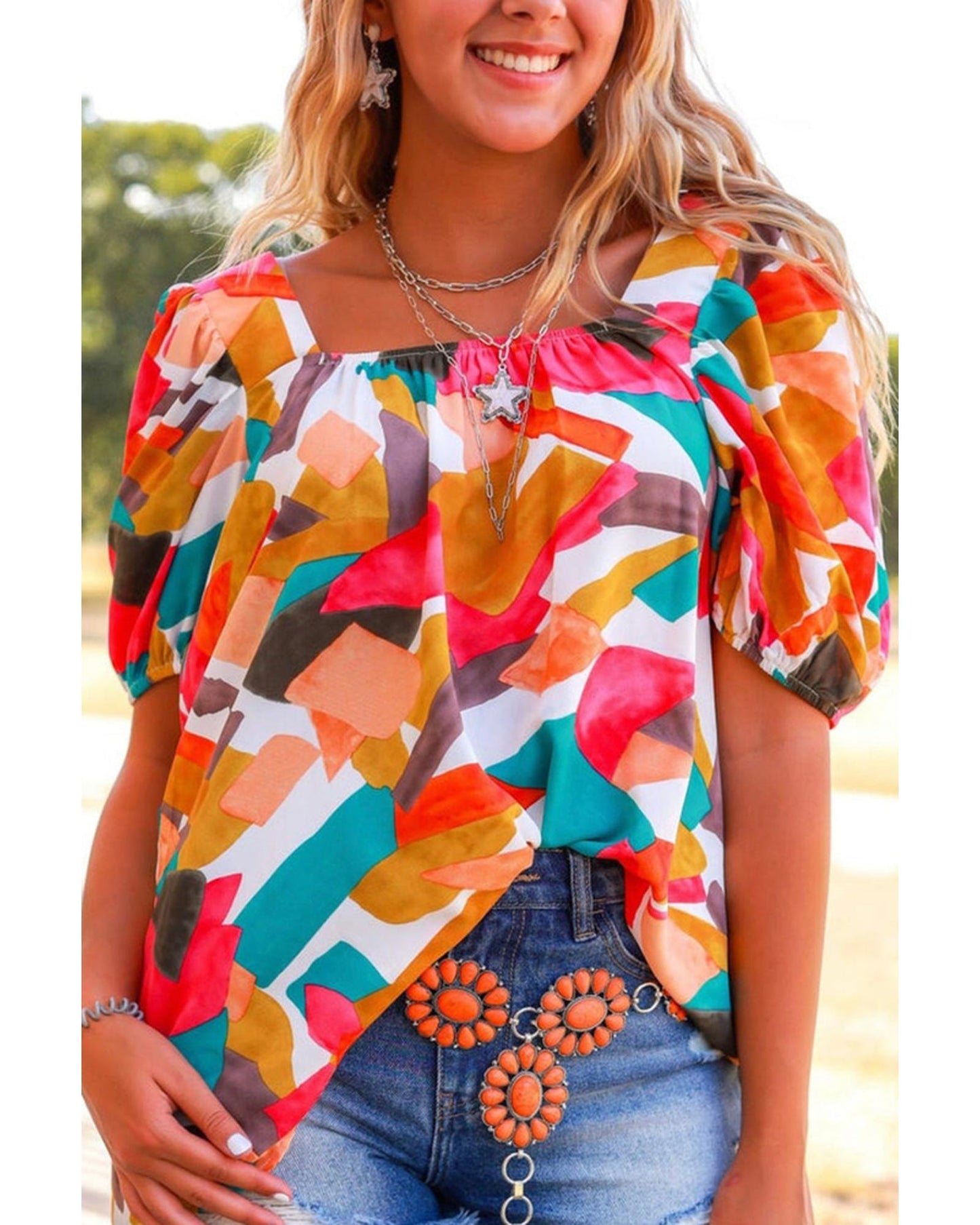 Azura Exchange Abstract Print Square Neck Short Sleeve Blouse - S