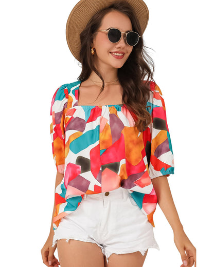 Azura Exchange Abstract Print Square Neck Short Sleeve Blouse - S