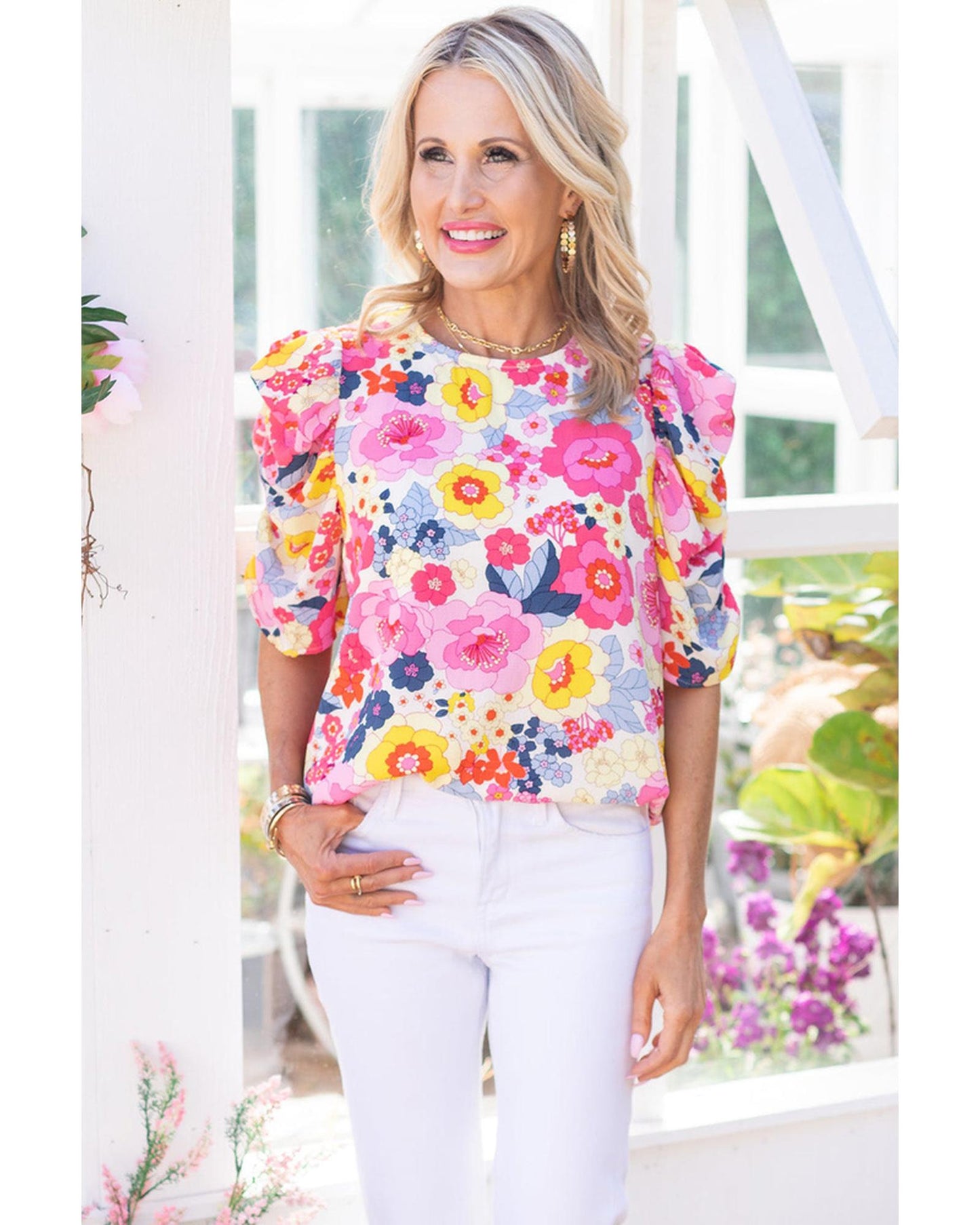 Azura Exchange Floral Ruched Puff Sleeve Blouse - M