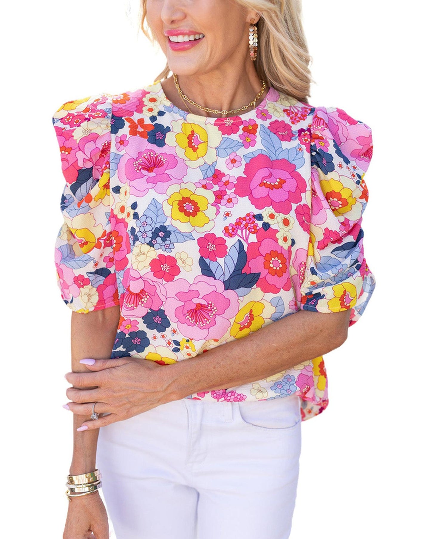 Azura Exchange Floral Ruched Puff Sleeve Blouse - M