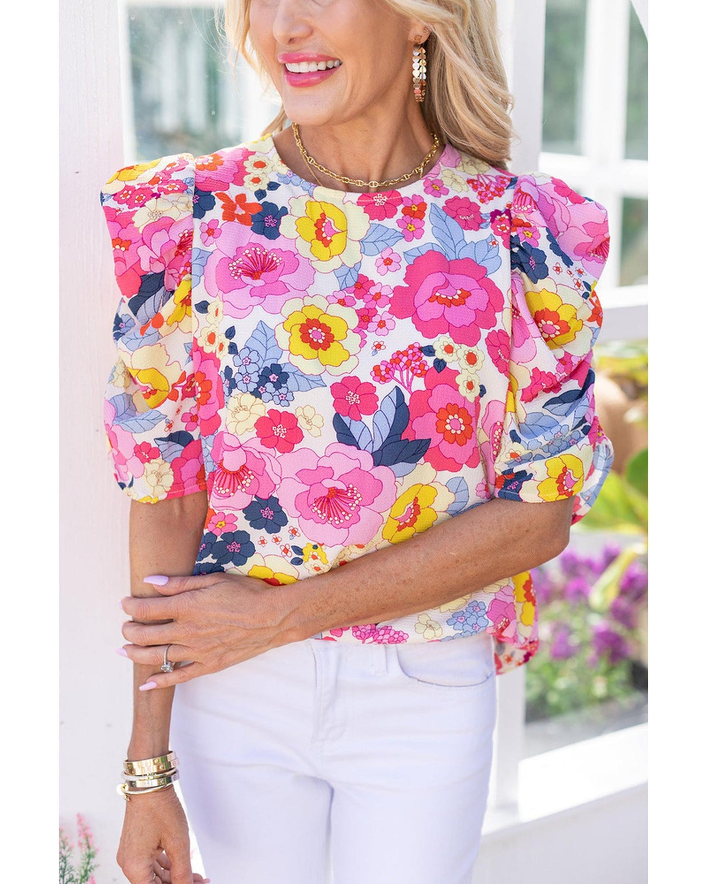 Azura Exchange Floral Ruched Puff Sleeve Blouse - S