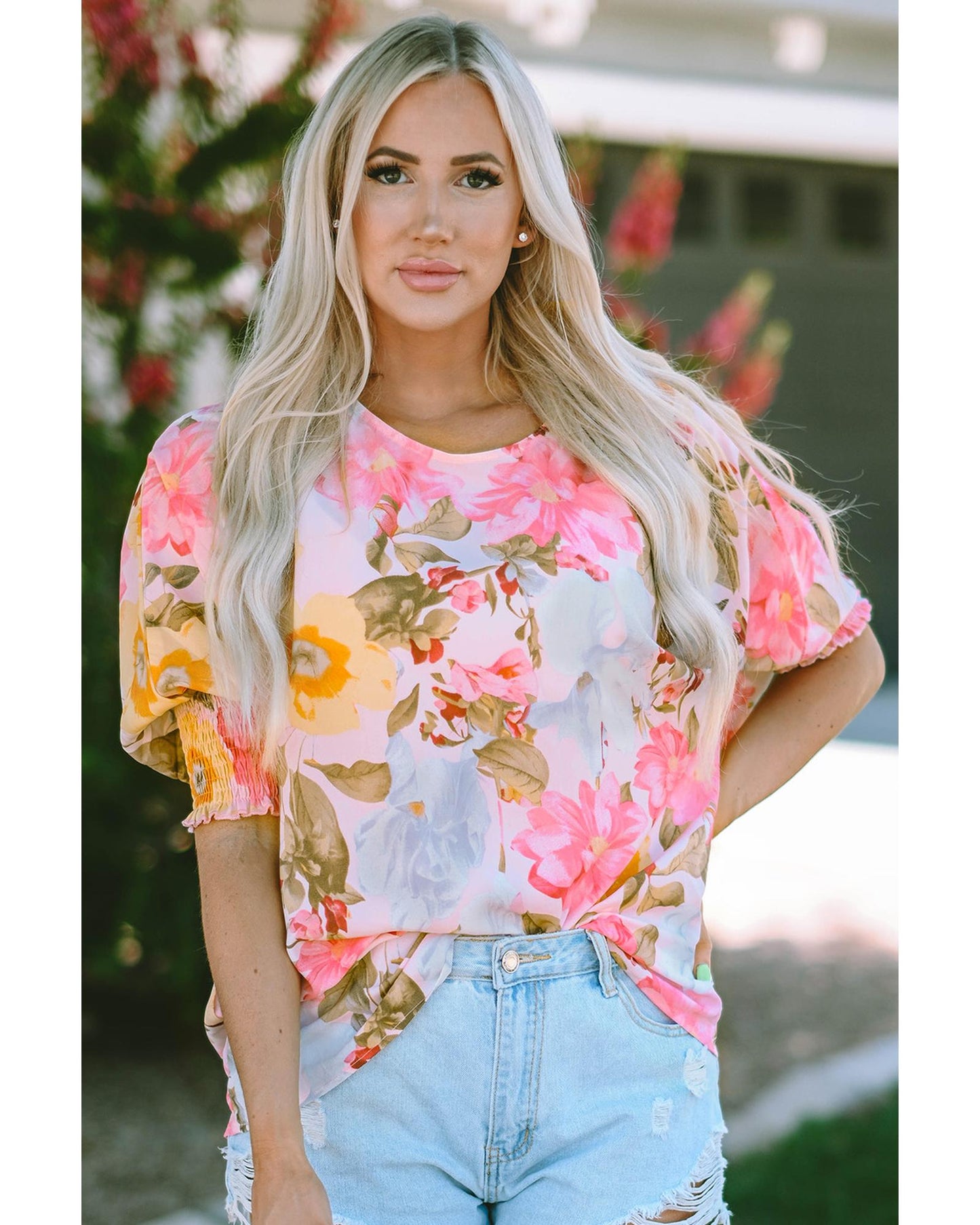 Azura Exchange Floral Blouse with Shirred Cuff Sleeves - M