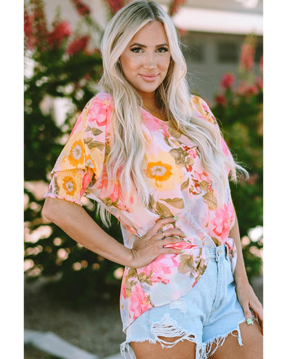 Azura Exchange Floral Blouse with Shirred Cuff Sleeves - M