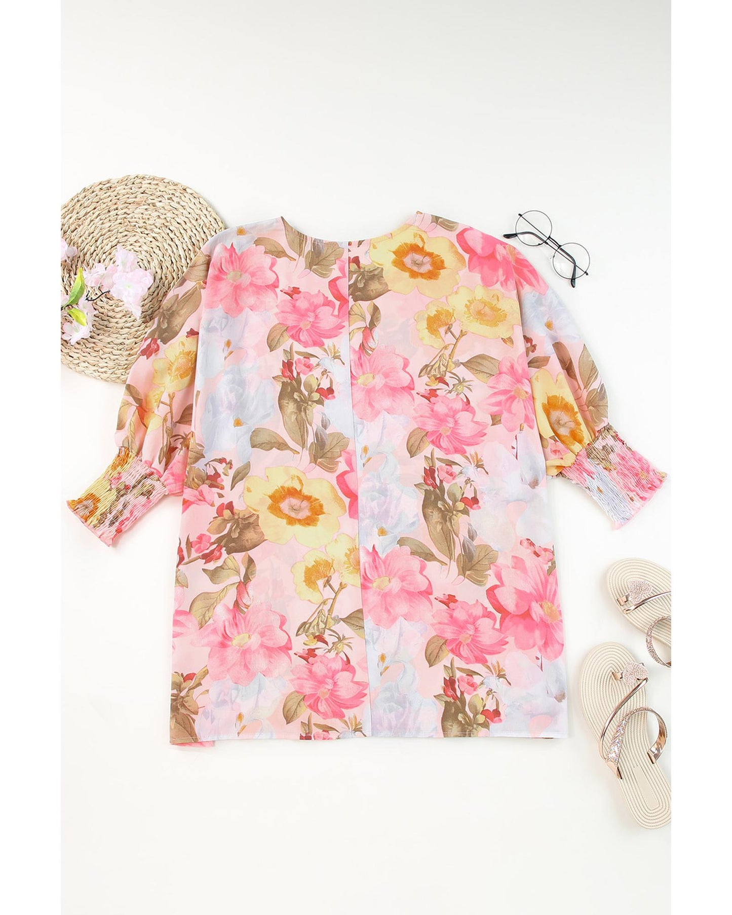 Azura Exchange Floral Blouse with Shirred Cuff Sleeves - M