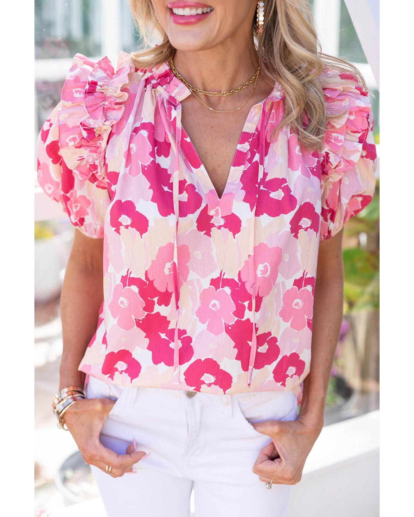 Azura Exchange Ruffled Floral Top with Split Neck and Puff Sleeves - L