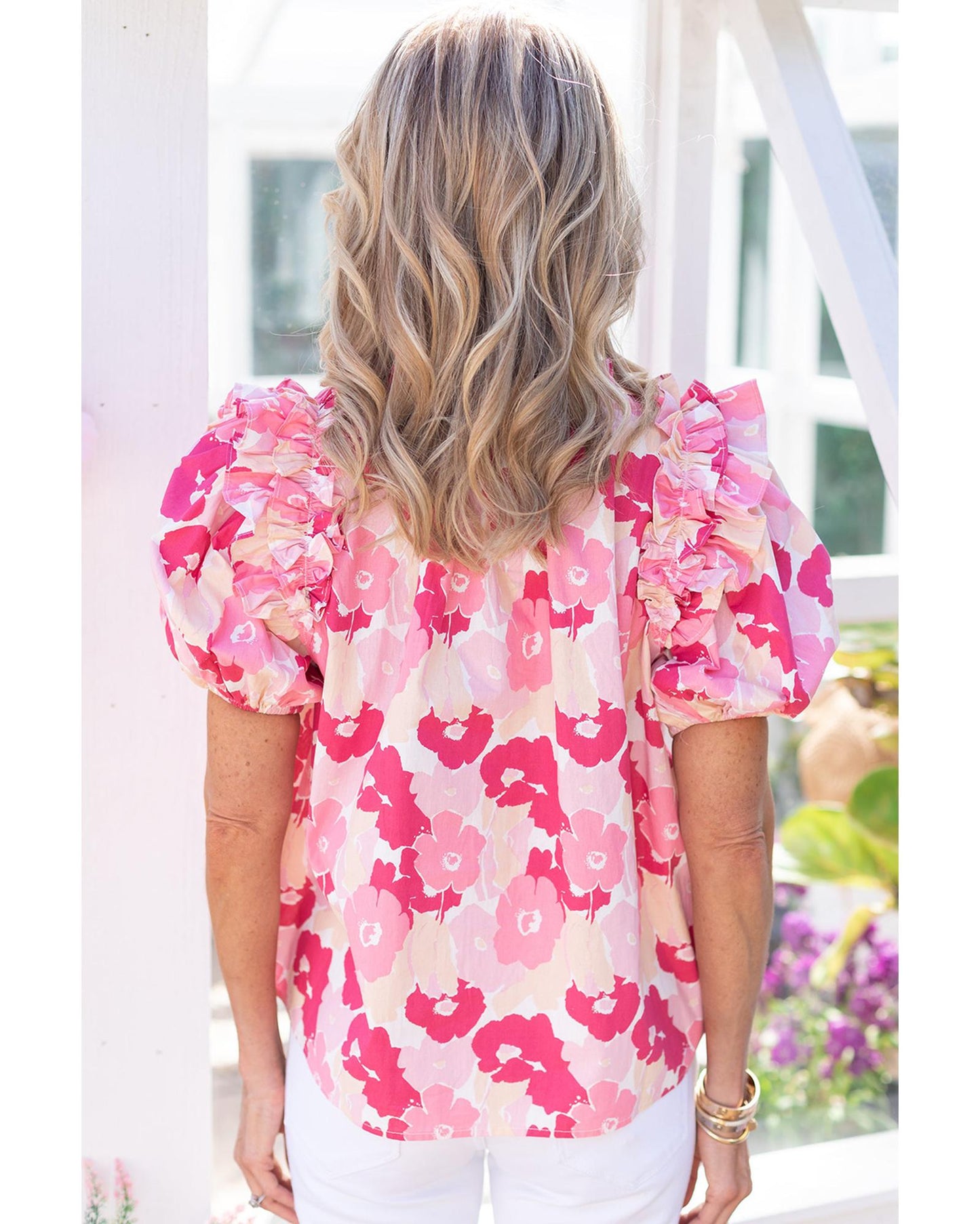 Azura Exchange Ruffled Floral Top with Split Neck and Puff Sleeves - L