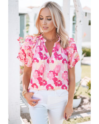 Azura Exchange Ruffled Floral Top with Split Neck and Puff Sleeves - L