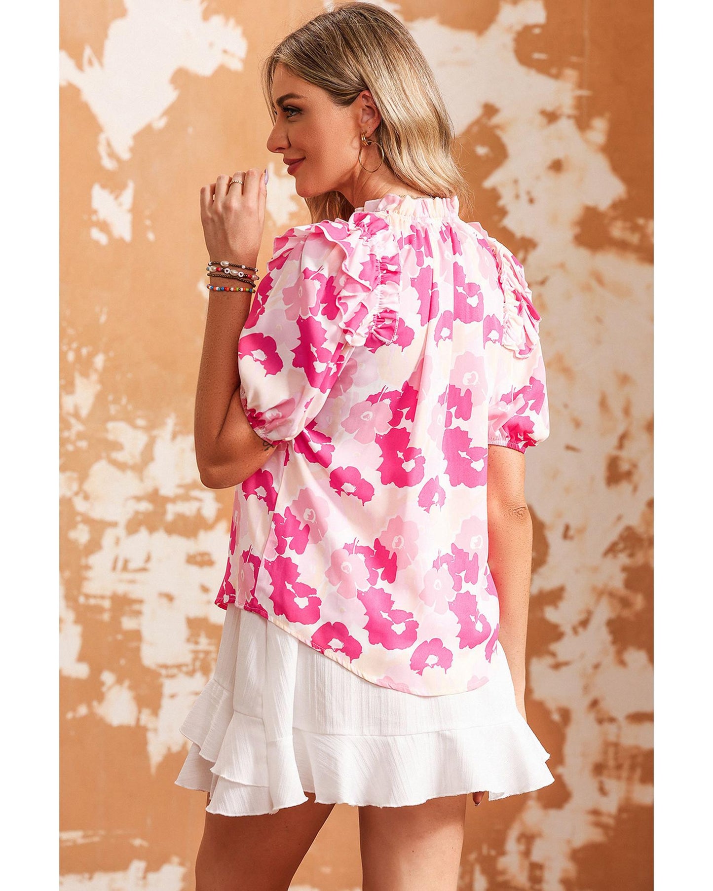 Azura Exchange Ruffled Floral Top with Split Neck and Puff Sleeves - L