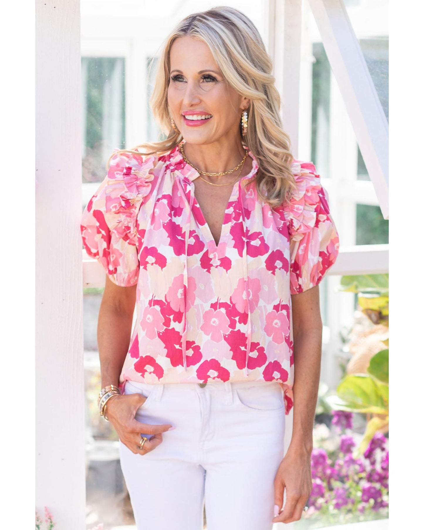 Azura Exchange Ruffled Floral Top with Split Neck and Puff Sleeves - L