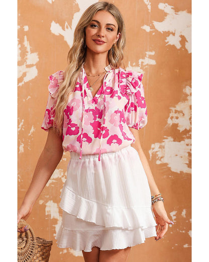 Azura Exchange Ruffled Floral Top with Split Neck and Puff Sleeves - L