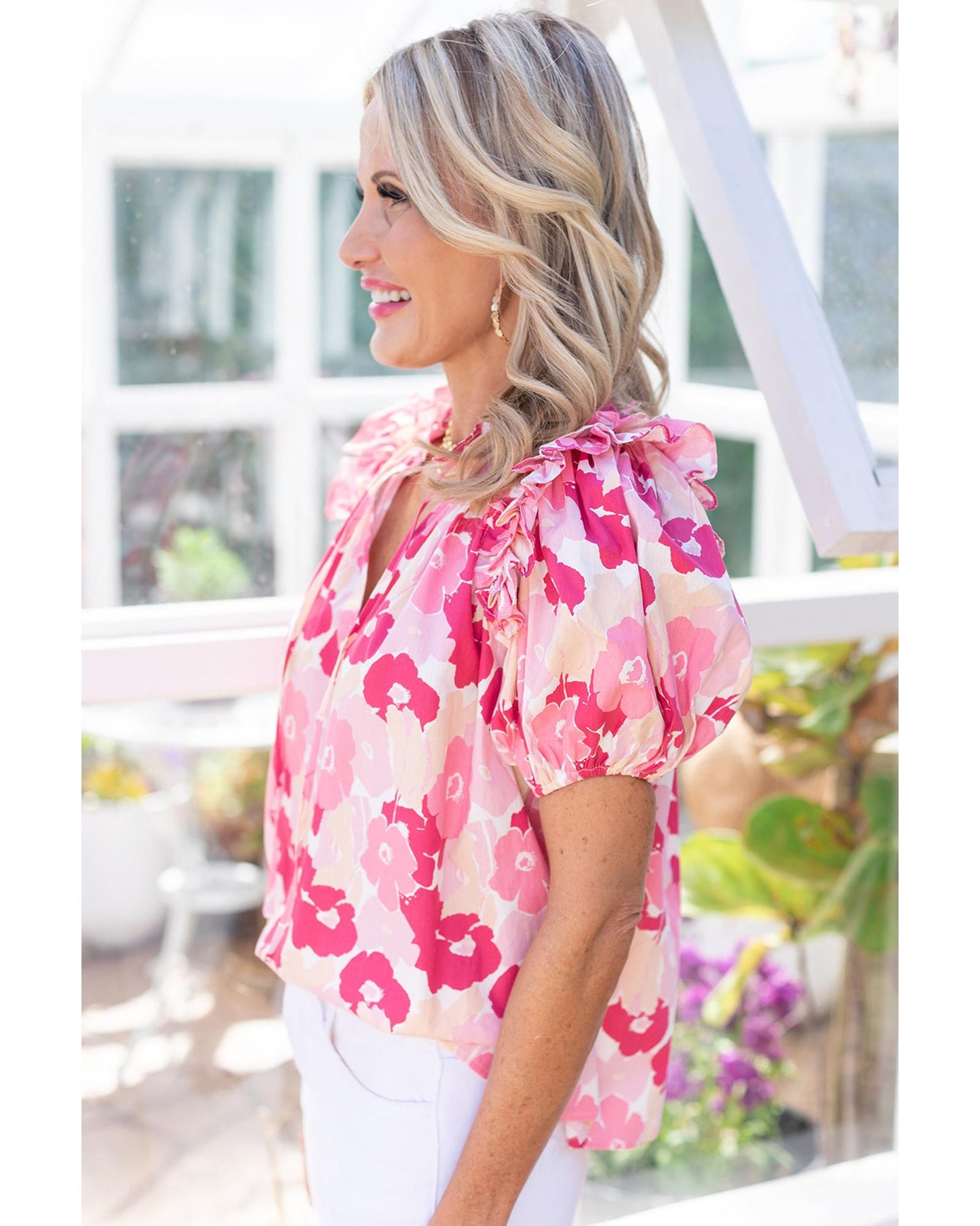 Azura Exchange Ruffled Floral Top with Split Neck and Puff Sleeves - L