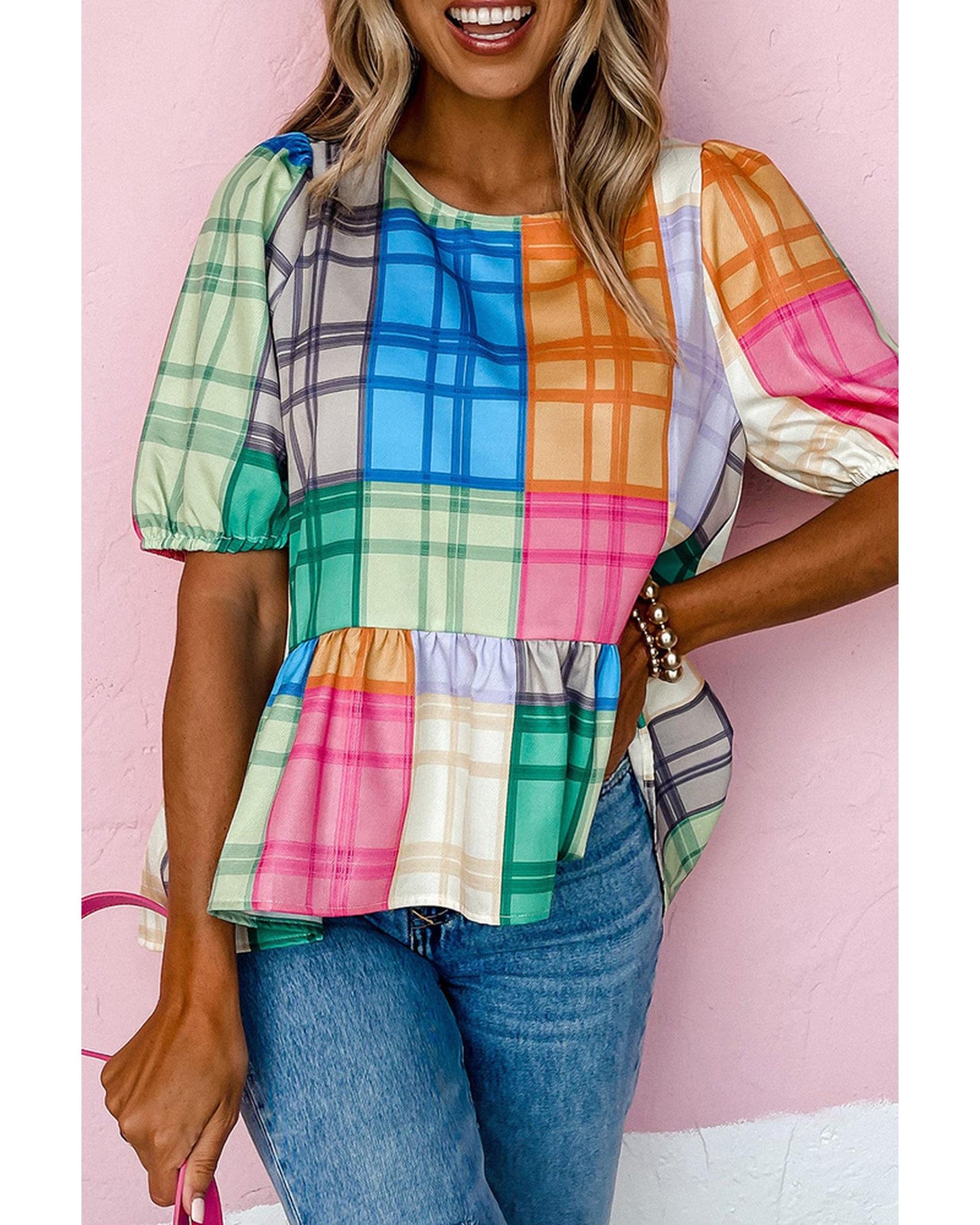 Azura Exchange Bold Plaid Color Block Puff Sleeve Peplum Top - L