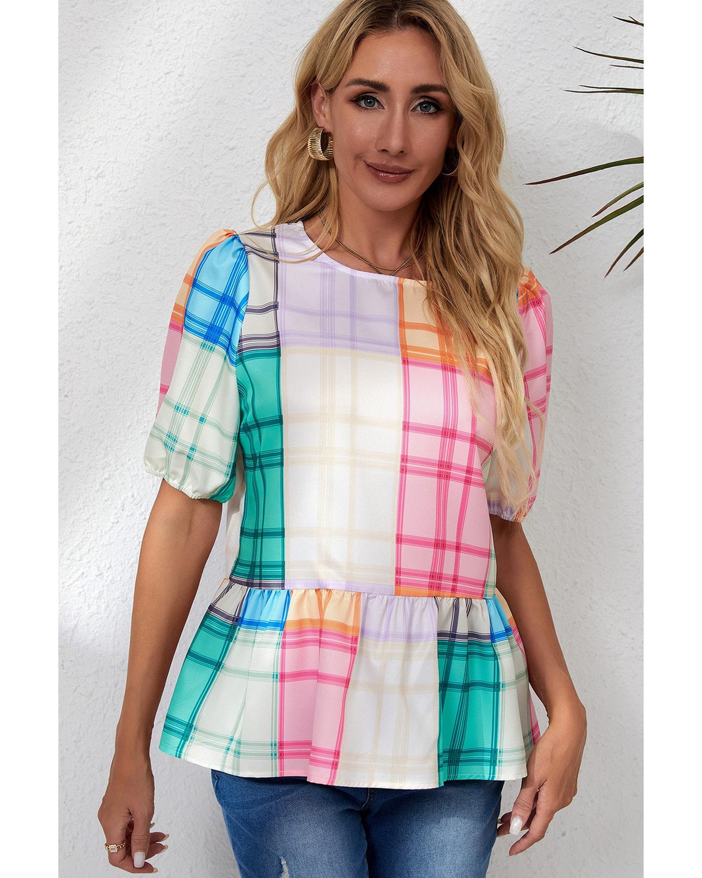 Azura Exchange Bold Plaid Color Block Puff Sleeve Peplum Top - L