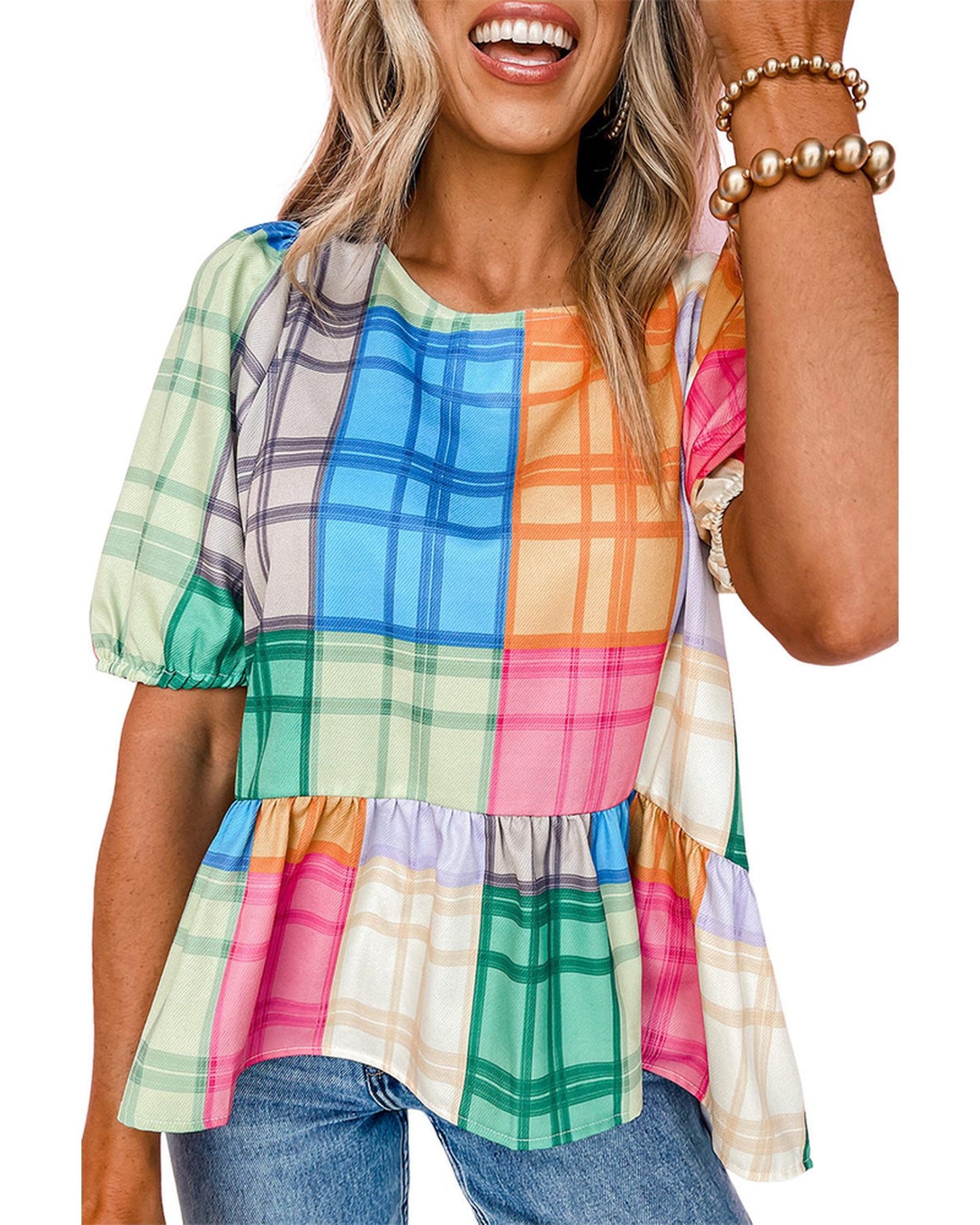 Azura Exchange Bold Plaid Color Block Puff Sleeve Peplum Top - S