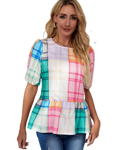 Azura Exchange Bold Plaid Color Block Puff Sleeve Peplum Top - S