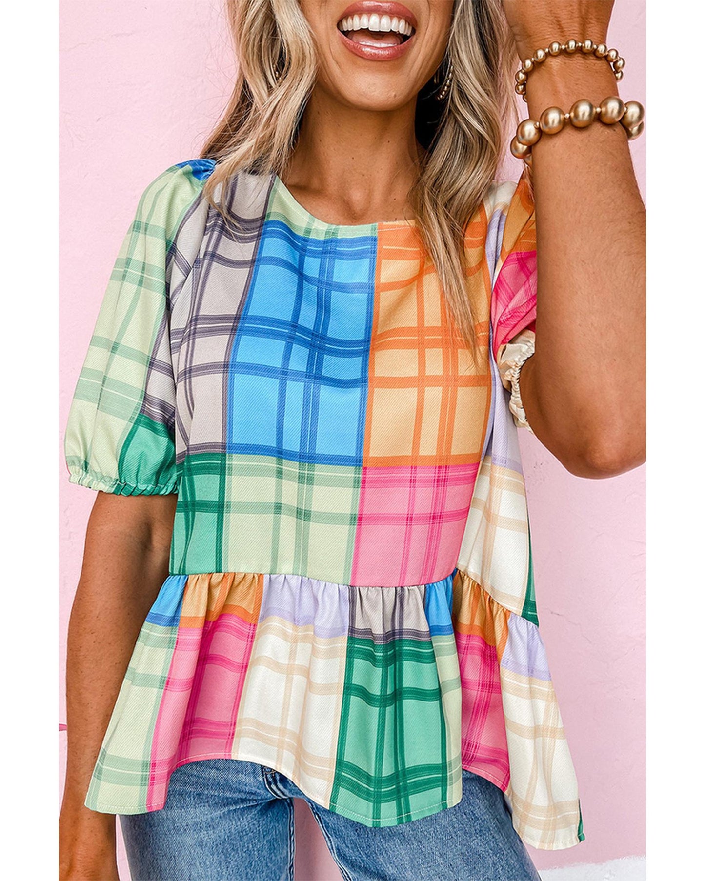 Azura Exchange Bold Plaid Color Block Puff Sleeve Peplum Top - XL