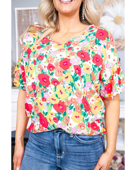 Azura Exchange Ruffled V Neck Floral Print Blouse - L