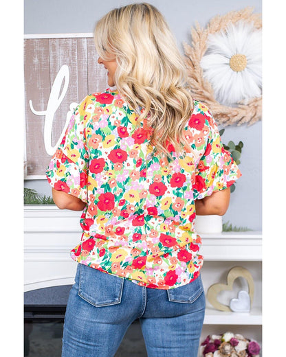 Azura Exchange Ruffled V Neck Floral Print Blouse - L