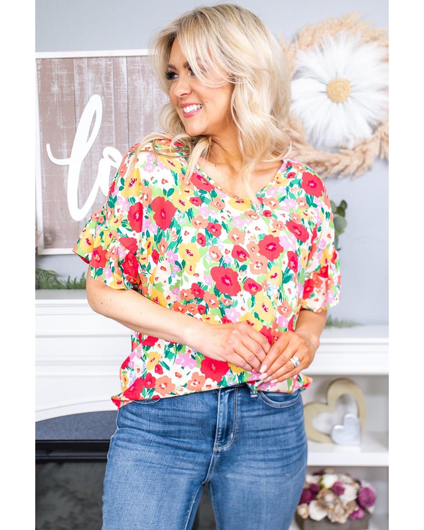 Azura Exchange Ruffled V Neck Floral Print Blouse - L