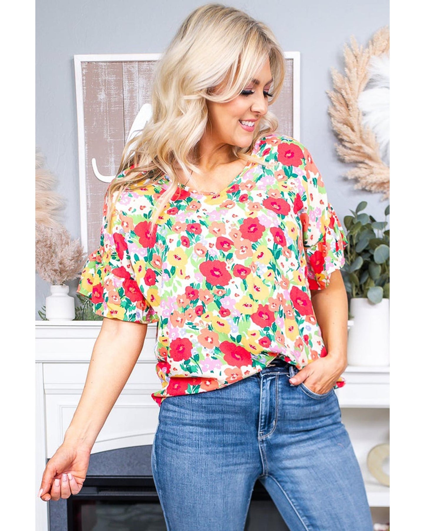 Azura Exchange Ruffled V Neck Floral Print Blouse - L