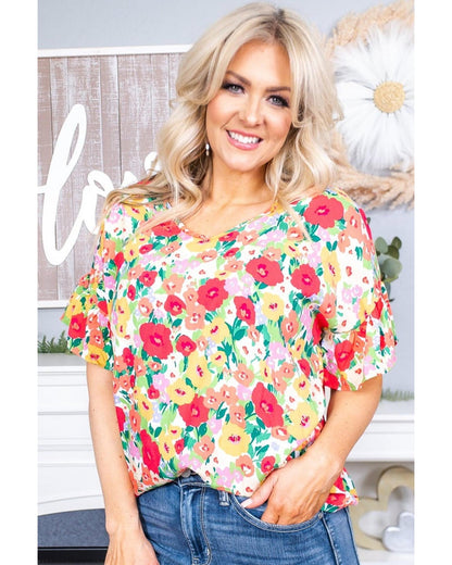 Azura Exchange Ruffled V Neck Floral Print Blouse - L