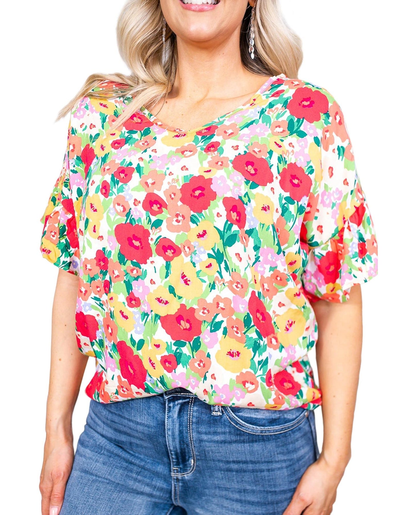 Azura Exchange Ruffled V Neck Floral Print Blouse - L