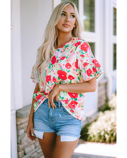 Azura Exchange Ruffled V Neck Floral Print Blouse - L