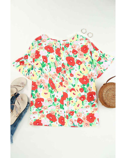 Azura Exchange Ruffled V Neck Floral Print Blouse - M