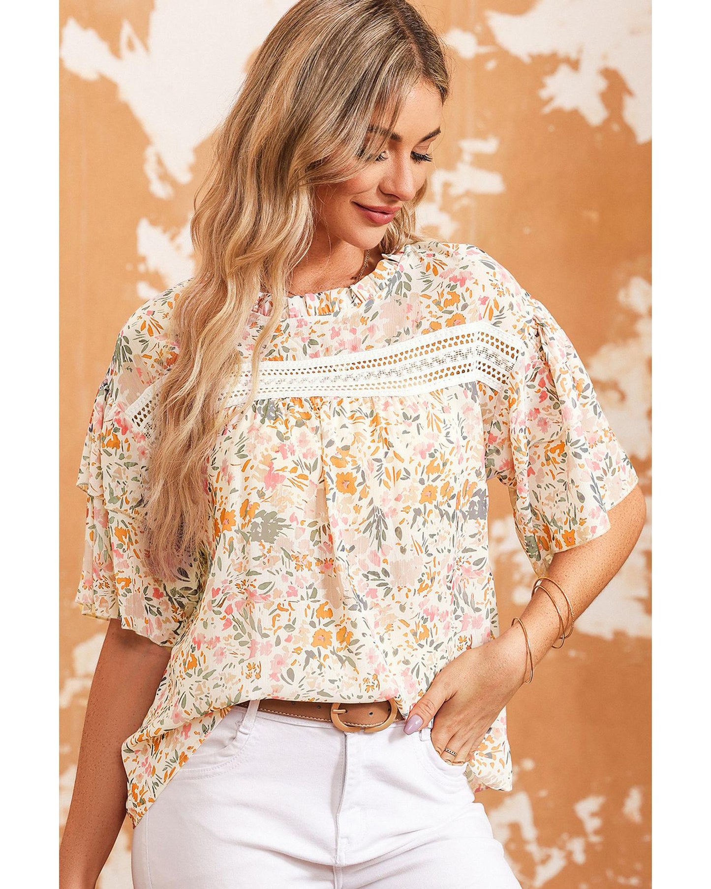 Azura Exchange Floral Print Wide Ruffle Sleeves Blouse - M