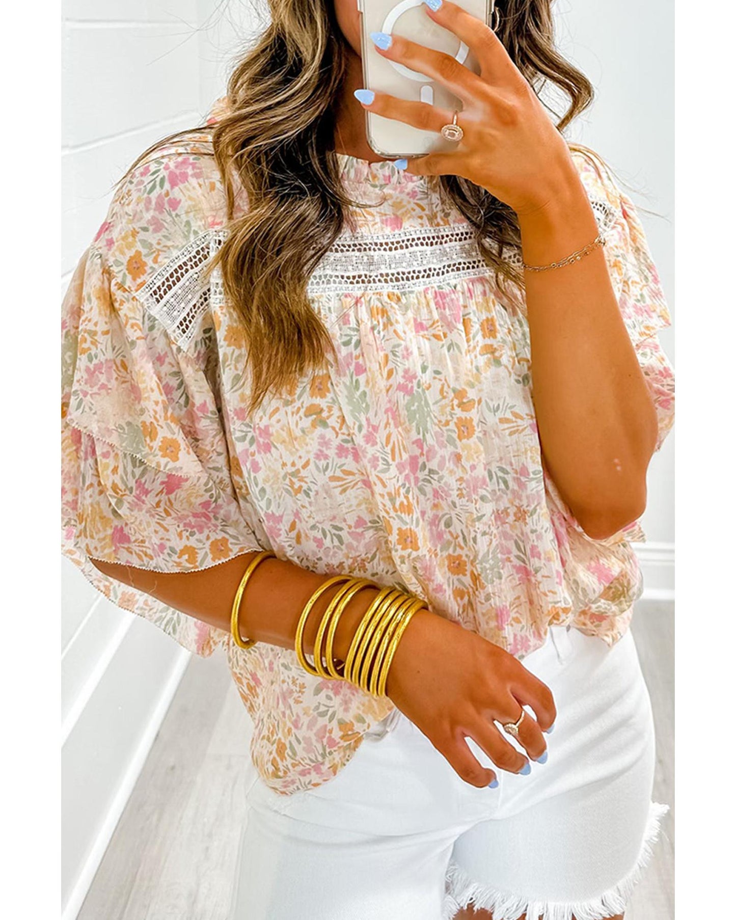 Azura Exchange Floral Print Wide Ruffle Sleeves Blouse - S