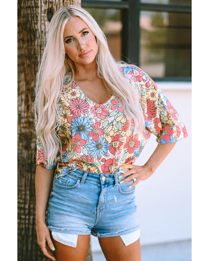 Azura Exchange Floral Print V Neck Half Sleeve Blouse - M