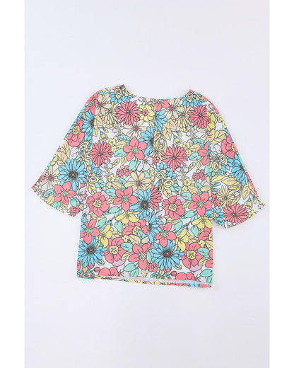 Azura Exchange Floral Print V Neck Half Sleeve Blouse - M